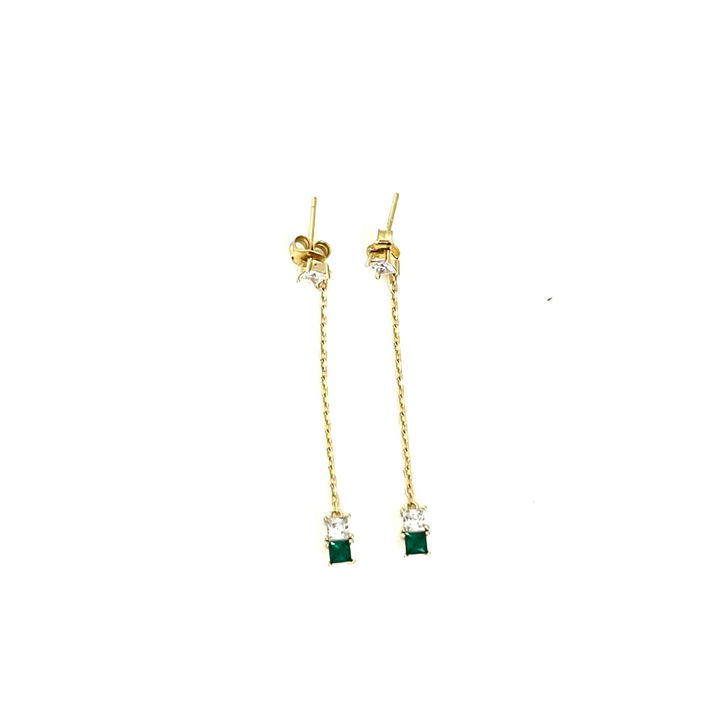 Gold Drop Chain Earrings with Emerald and Crystal Cubic Zirconia