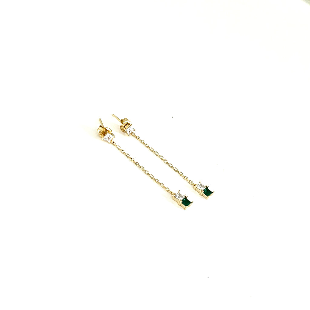 Gold Drop Chain Earrings with Emerald and Crystal Cubic Zirconia
