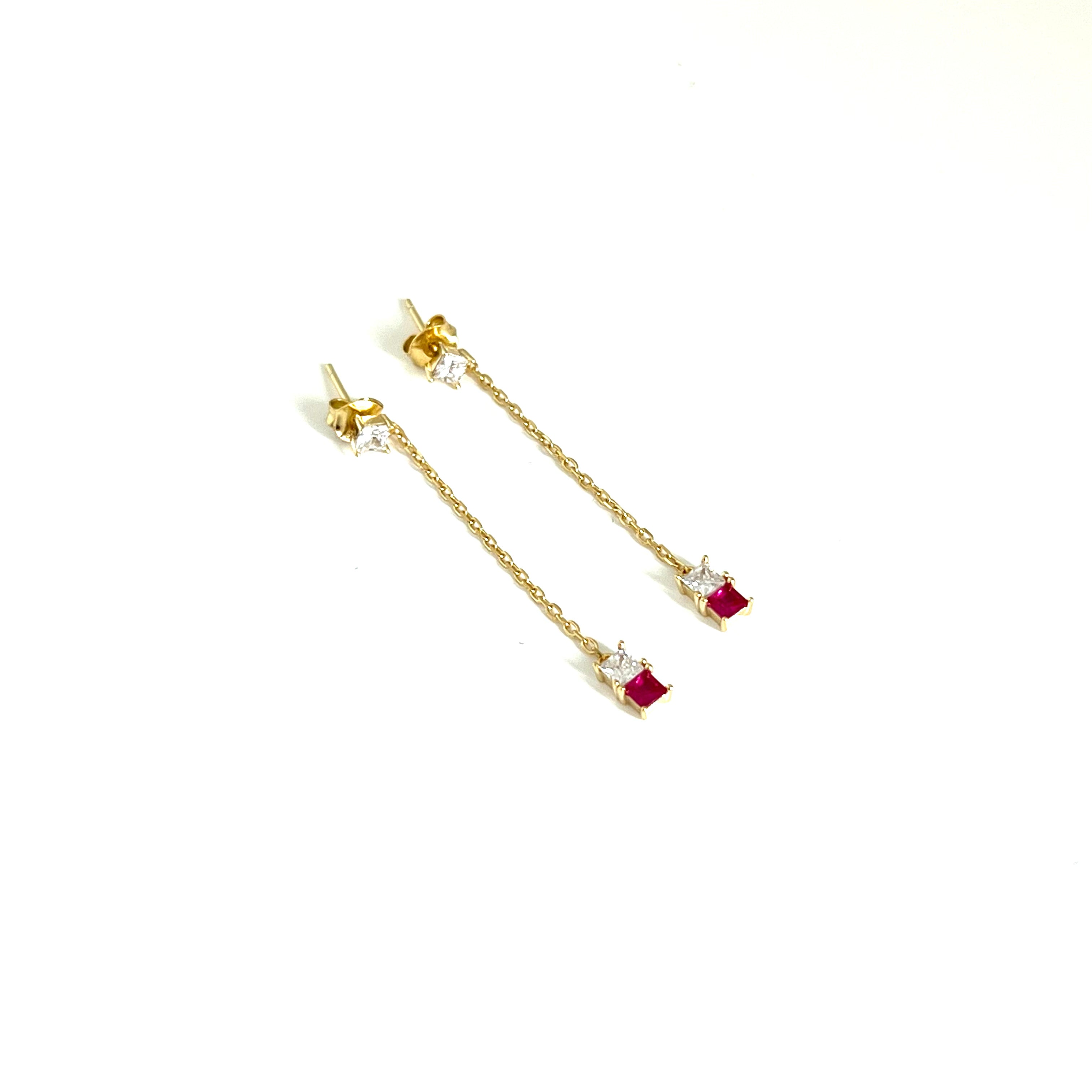 Gold Drop Chain Earrings with Ruby and Crystal Cubic Zirconia