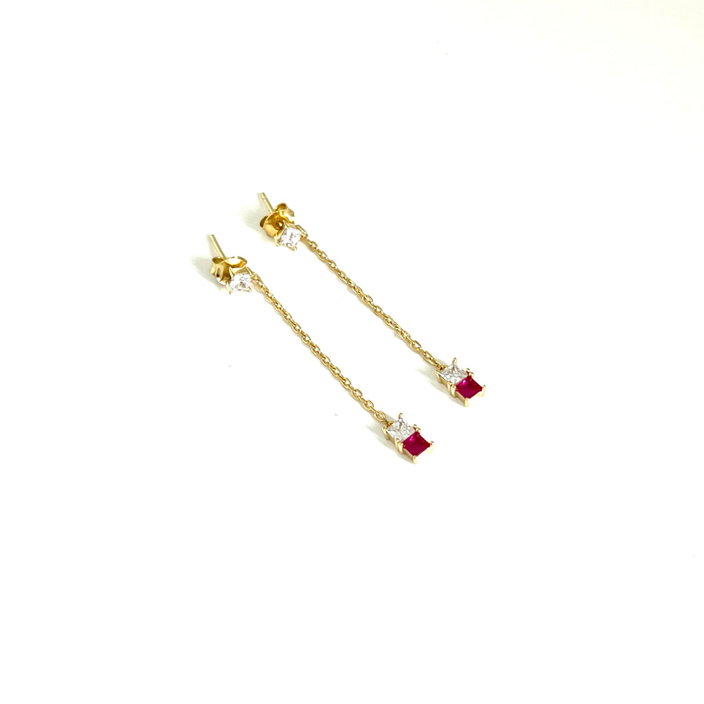 Gold Drop Chain Earrings with Ruby and Crystal Cubic Zirconia