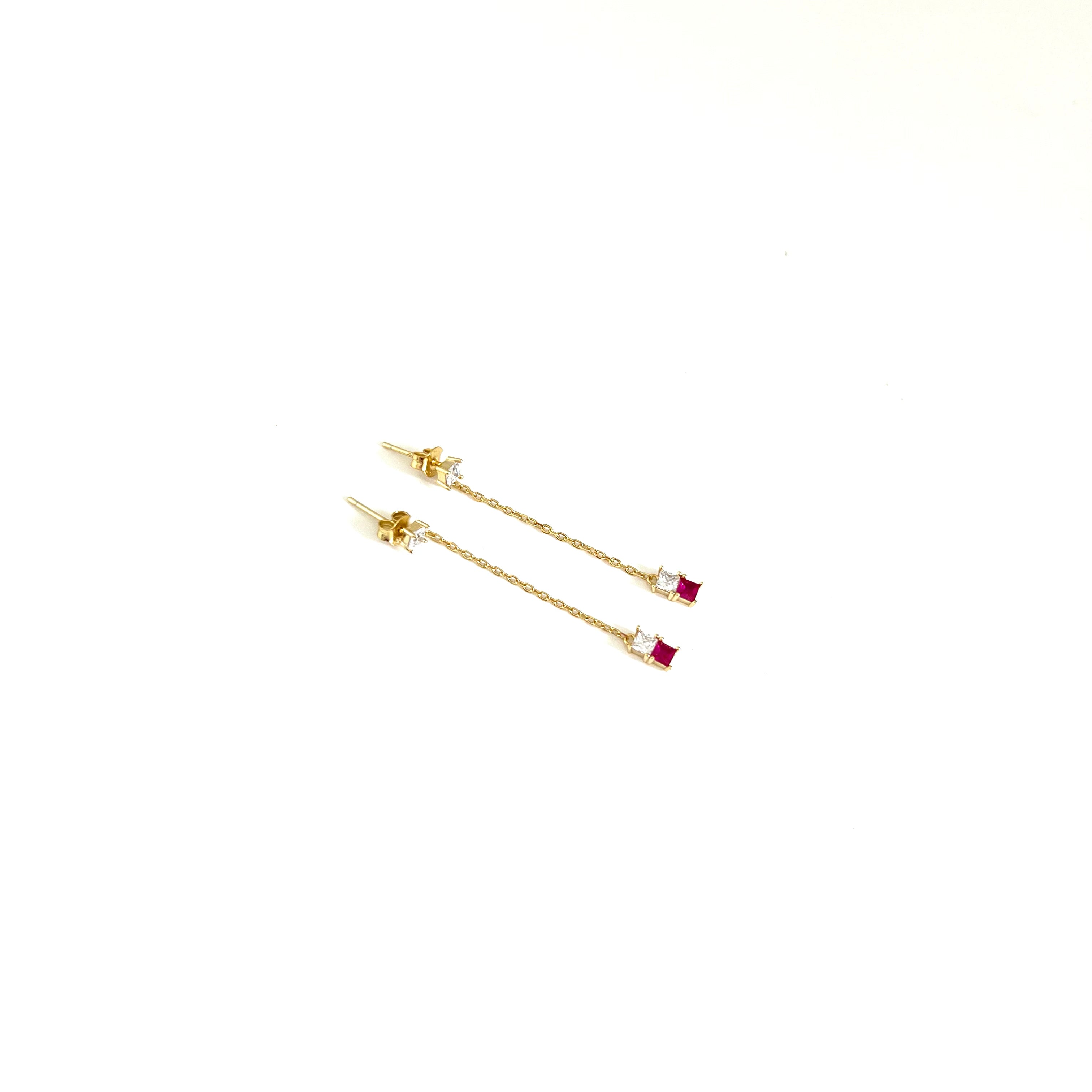 Gold Drop Chain Earrings with Ruby and Crystal Cubic Zirconia