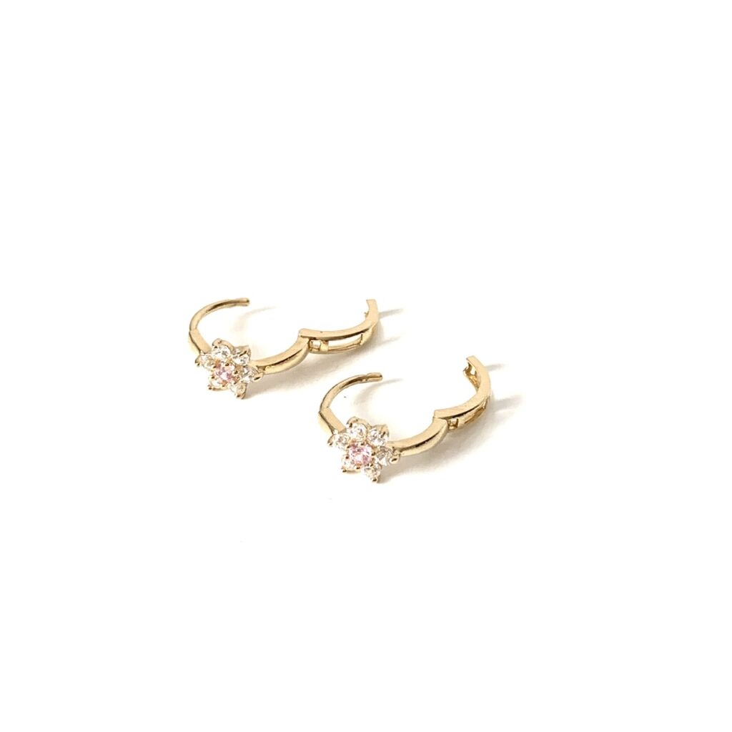 Gold Huggie Earrings with Pink Flower Crystals