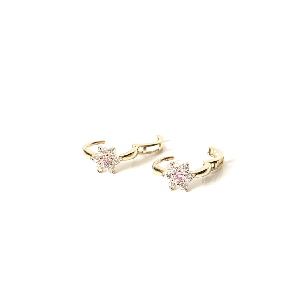 Gold Huggie Earrings with Pink Flower Crystals