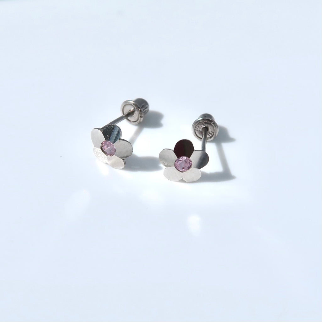 Flower with Rose Stone Earrings Set: 14k White Gold