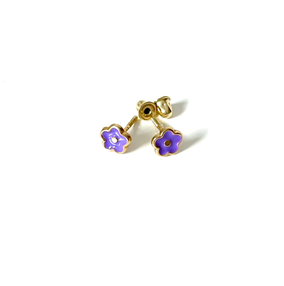 Purple Flower Enamel Stud Earrings in Yellow Gold