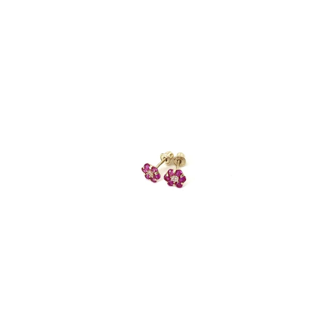 Ruby Flower Teddy Stud Earrings in Gold