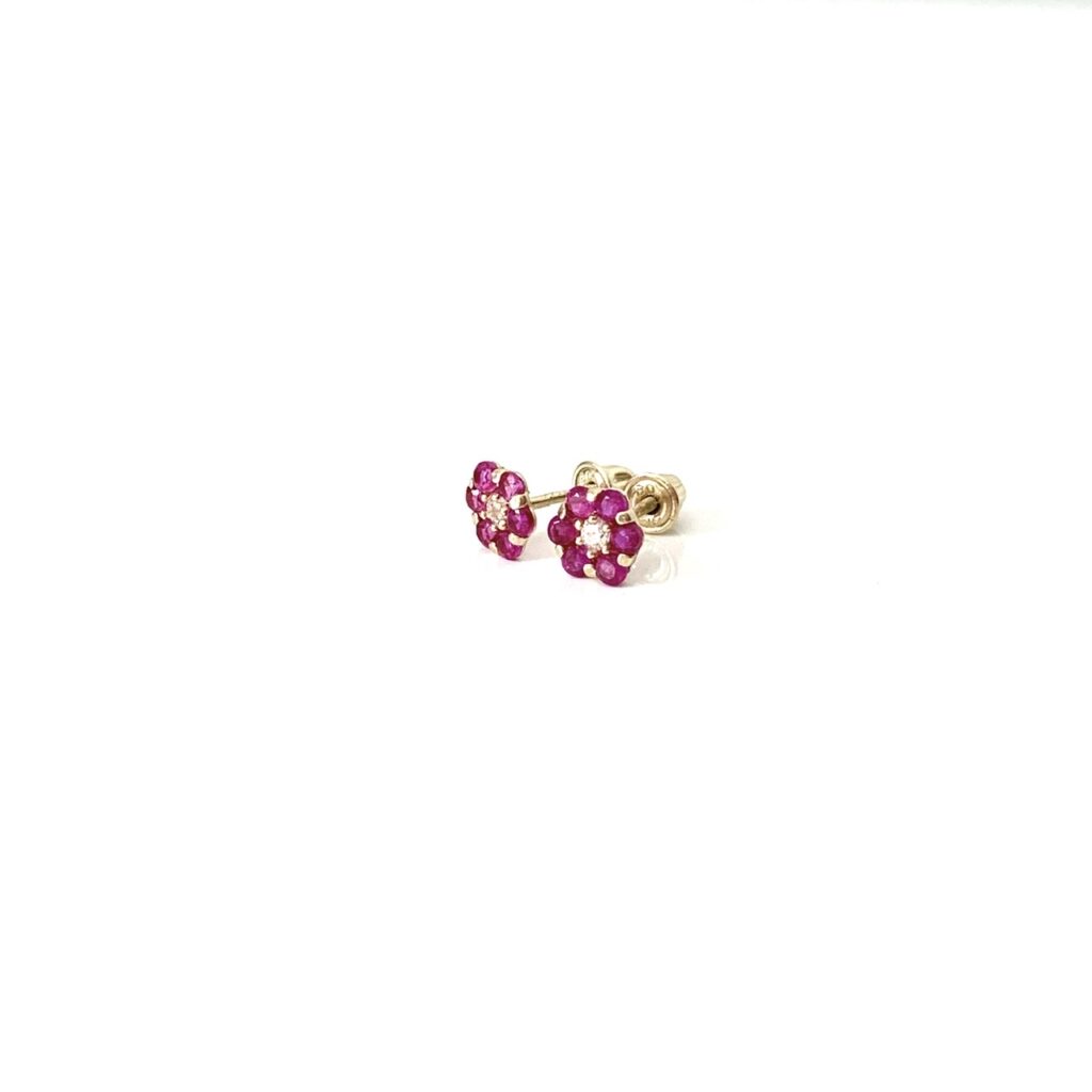 Ruby Flower Teddy Stud Earrings in Gold