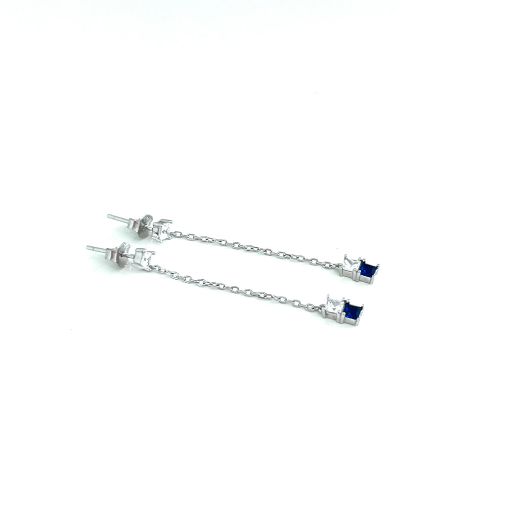 Silver Drop Chain Earrings with Sapphire and Crystal Cubic Zirconia