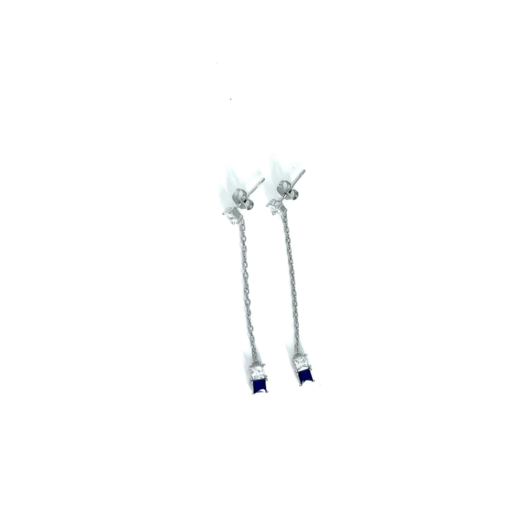 Silver Drop Chain Earrings with Sapphire and Crystal Cubic Zirconia