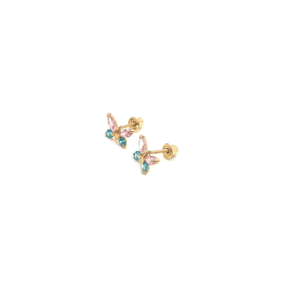Butterfly Earring Set with Aquamarine & Roze Stones in Yellow Gold