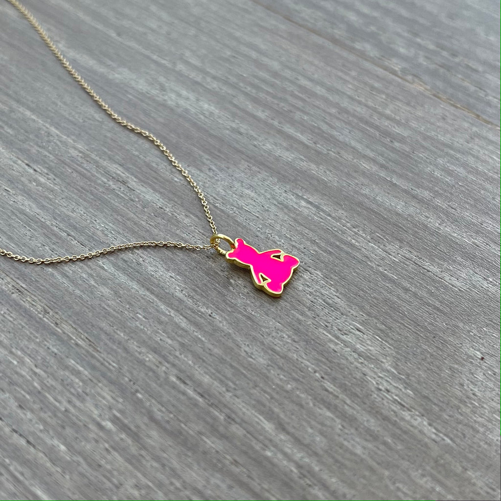 Bright Pink Gold Teddy Bear Pendant with Necklace