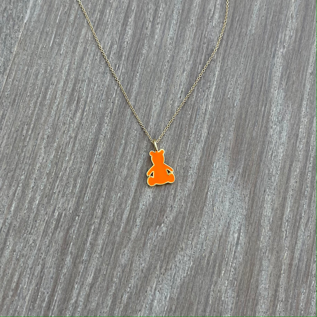 Neon Orange Gold Teddy Bear Pendant with Necklace