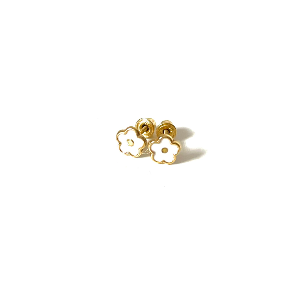 White Flower Enamel Stud Earrings in Yellow Gold